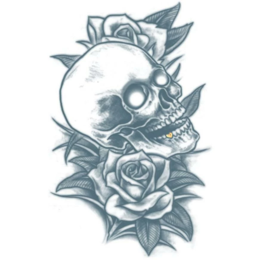 Black & Gray-Style Skull & Roses Temporary Tattoo, 4in X 10in 3 Black & Gray-Style Skull & Roses Temporary Tattoo, 4in X 10in