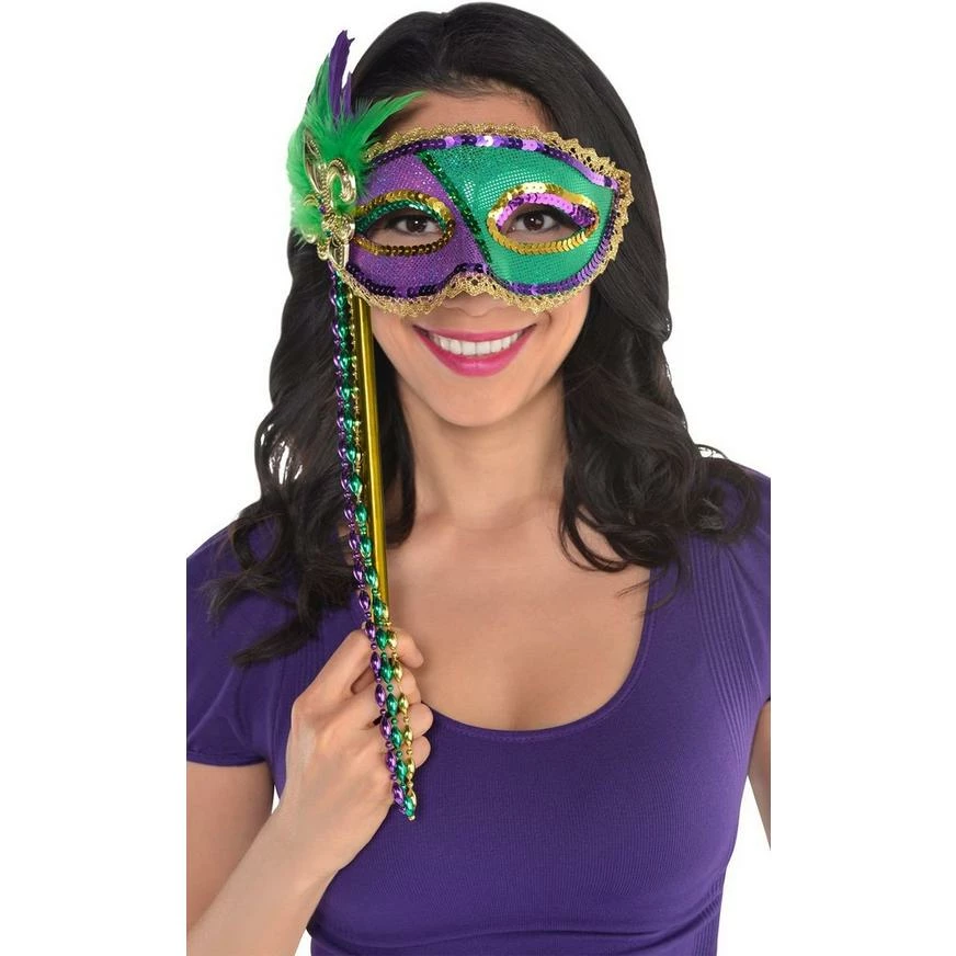 Sequin Mardi Gras Masquerade Mask On A Stick 4 Sequin Mardi Gras Masquerade Mask On A Stick - Image 2