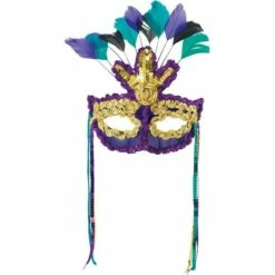 Gold, Green & Purple Feather Masquerade Mask