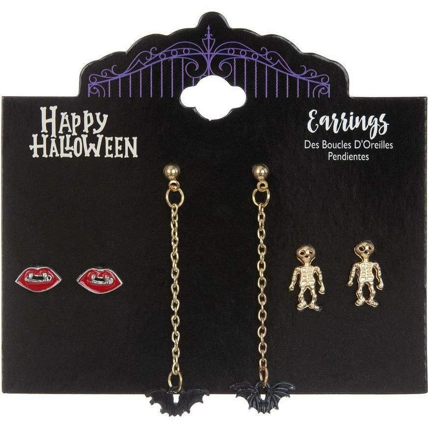 Bats, Fangs & Skeletons Halloween Earring Set, 3ct 3 Bats, Fangs & Skeletons Halloween Earring Set, 3ct