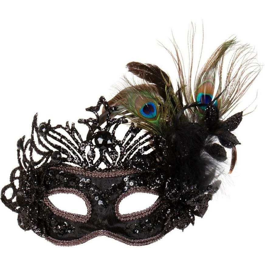 Black Sequin & Peacock Feather Masquerade Mask 3 Black Sequin & Peacock Feather Masquerade Mask