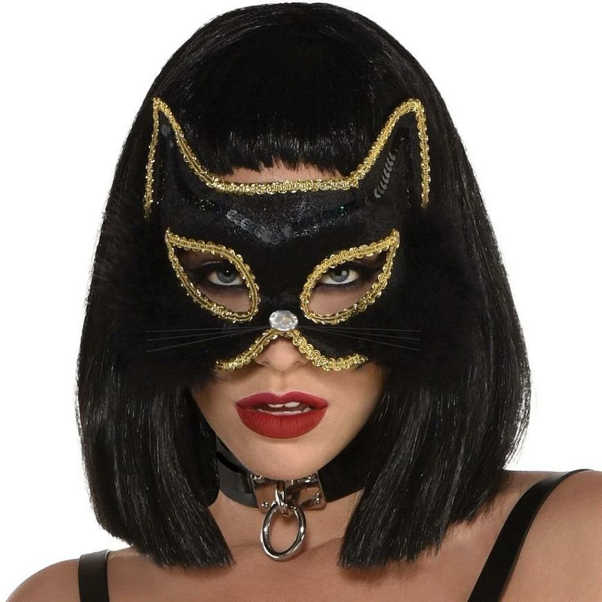 Black & Gold Fabric & Marabou Feather Cat Mask 3 Black & Gold Fabric & Marabou Feather Cat Mask