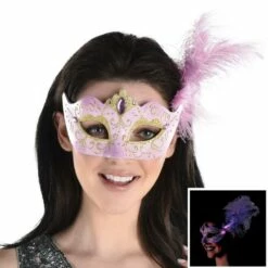 New Release 8 AMSCAN Adult Lavender & Gold Glitter Masquerade Mask With Light-Up Feathers