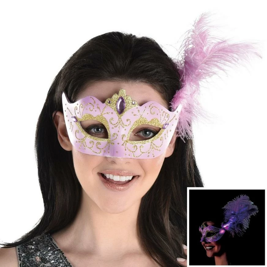 AMSCAN Adult Lavender & Gold Glitter Masquerade Mask With Light-Up Feathers 3 AMSCAN Adult Lavender & Gold Glitter Masquerade Mask With Light-Up Feathers