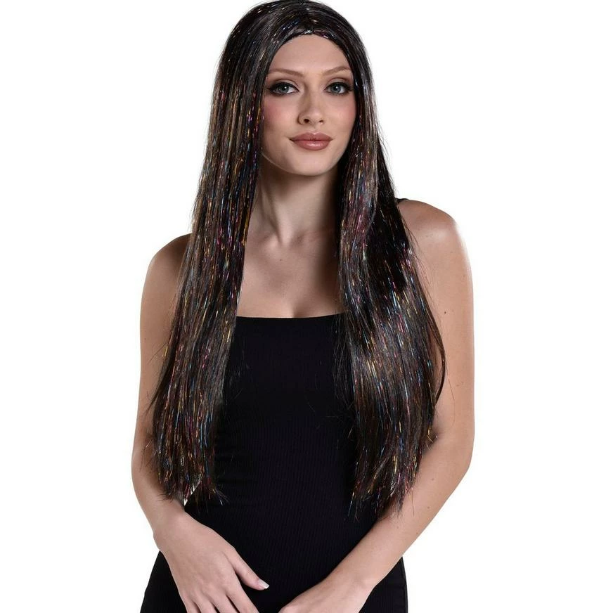AMSCAN Brunette & Iridescent Tinsel Long Straight Wig, 30in 3 AMSCAN Brunette & Iridescent Tinsel Long Straight Wig, 30in