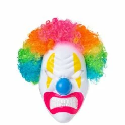 New Release 13 Adult Light-Up Angry Clown Plastic Mask With Colorful Wig - Neon Circus