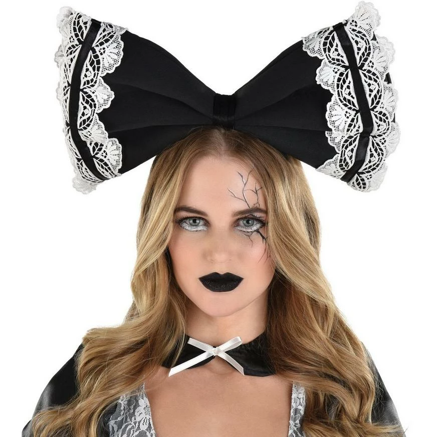 Adult Black & White Creepy Doll Bow Headband 5 Adult Black & White Creepy Doll Bow Headband - Image 3