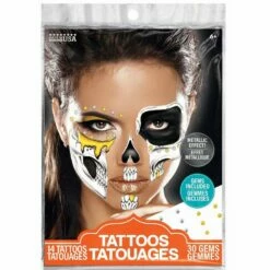 Black, White & Metallic Gold Glam Skull Temporary Face Tattoos With Gems, 44pc