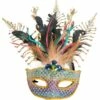 Adult Rainbow Rhinestone & Gold Feather Masquerade Mask -Cosplay Store 2024 942820