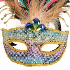 Adult Rainbow Rhinestone & Gold Feather Masquerade Mask -Cosplay Store 2024 942820 02