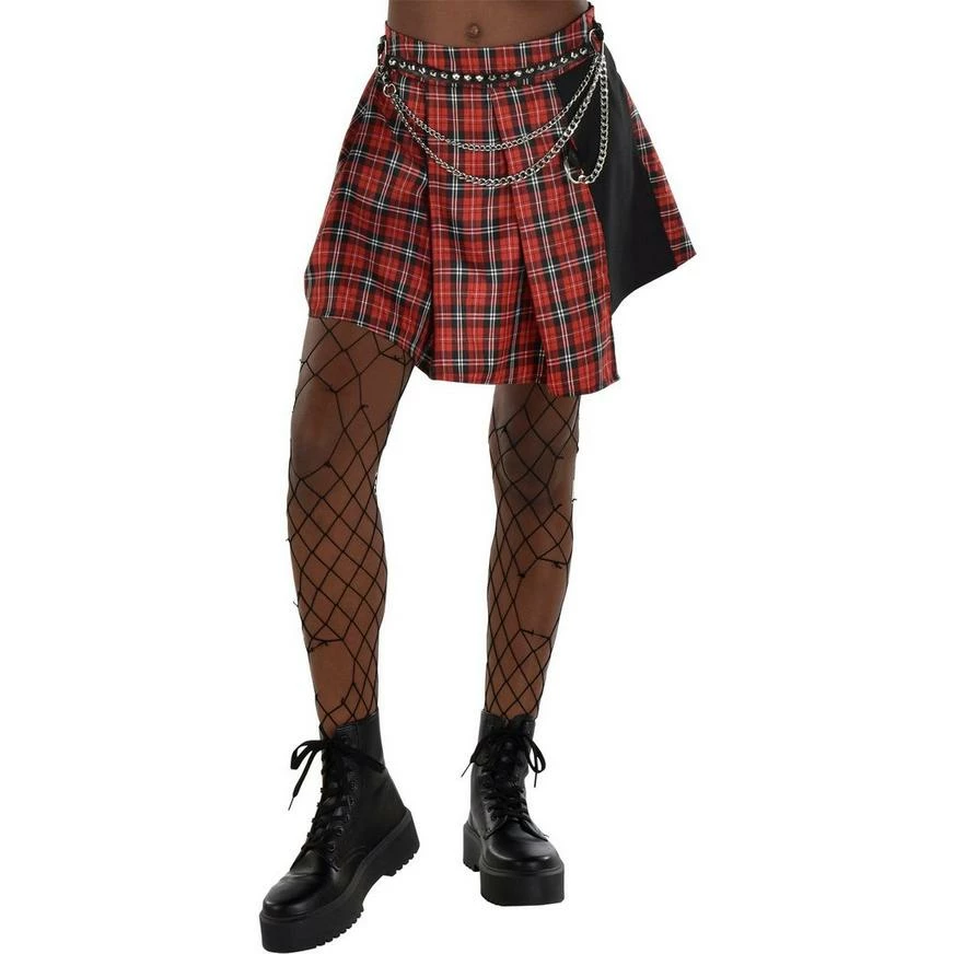 AMSCAN Adult Red Plaid Pleated Skirt With Chain Belt - Punk 3 AMSCAN Adult Red Plaid Pleated Skirt With Chain Belt - Punk